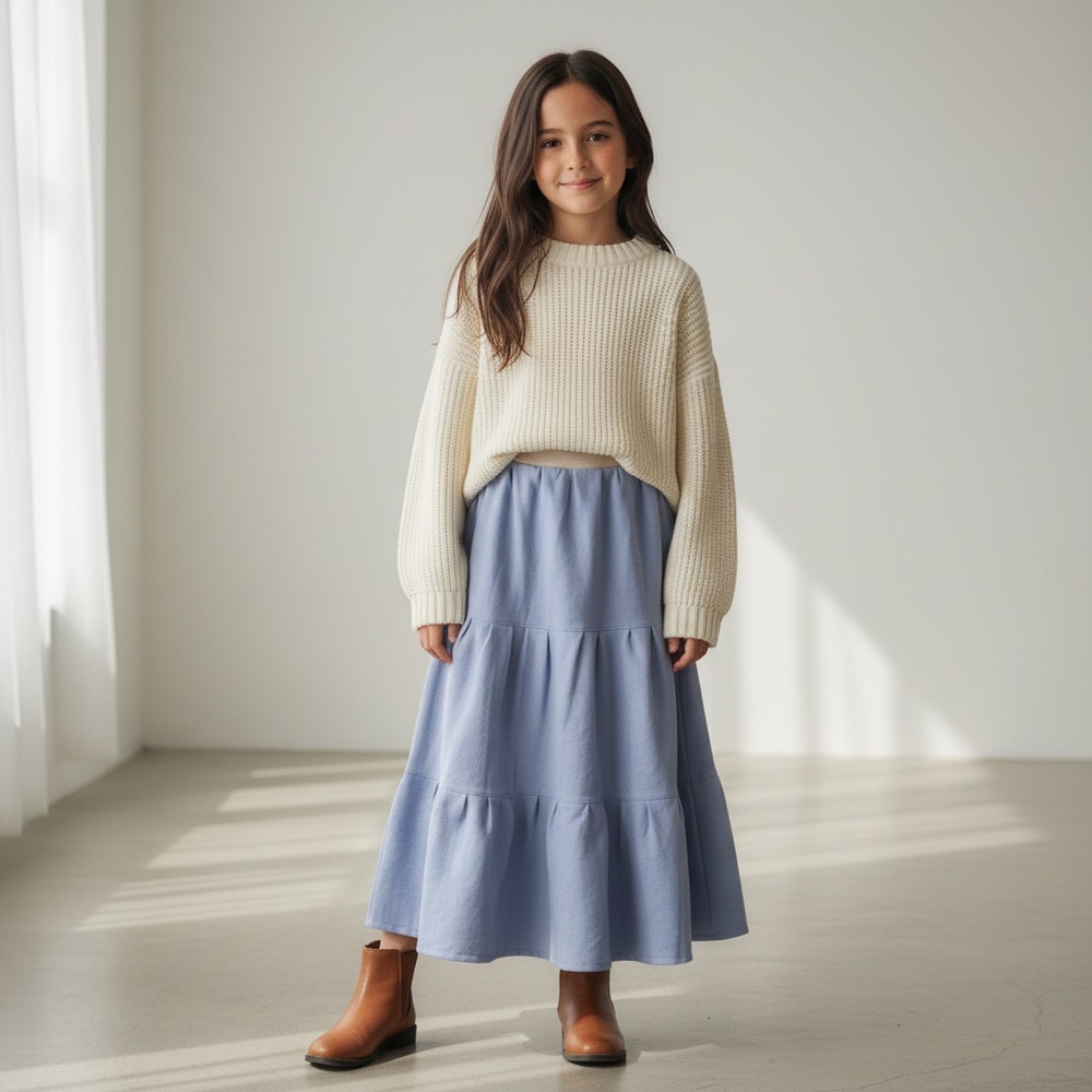 Skirt Flannel Girls M 8 Blue Ruffle Tier Maxi 100% Cotton Mom and‎ Pop's Kids